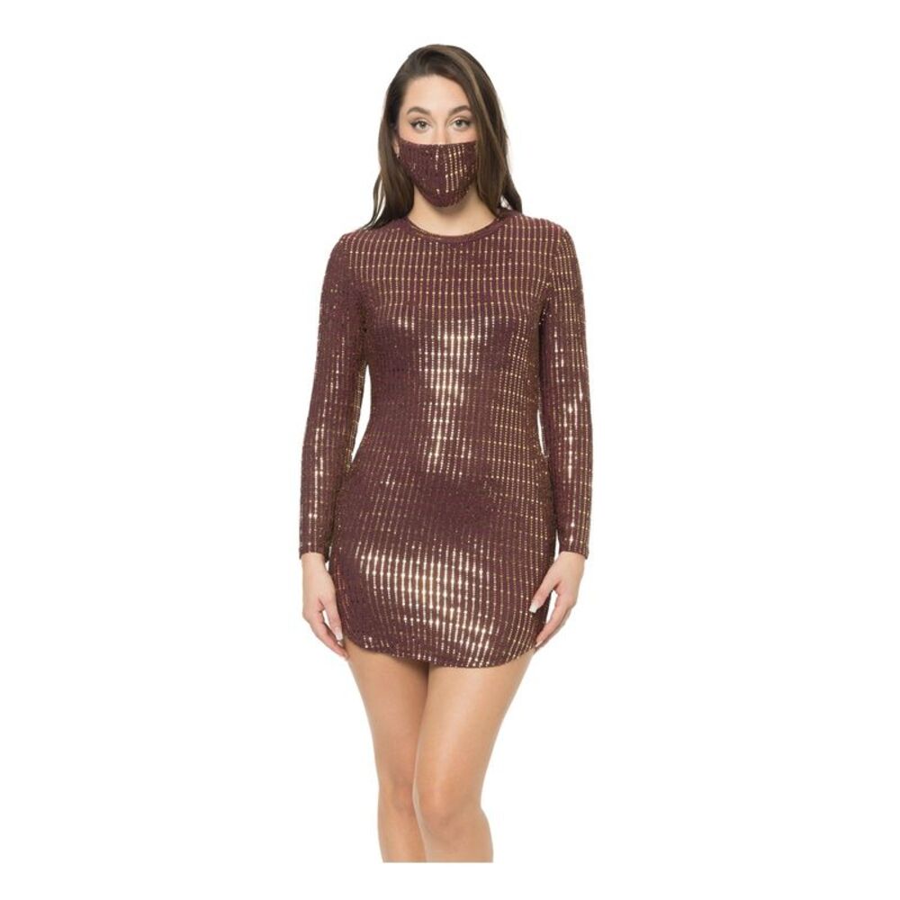 B DARLIN Womens With Mask Long Sleeve Crew Neck Micro Mini Party Body Con Dress